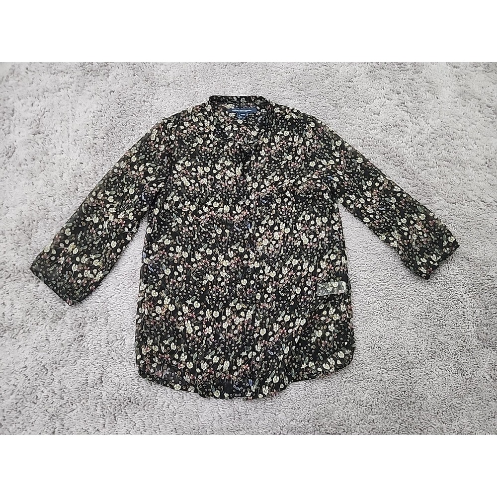 French Connection Blouse Womens 2 Black Floral 3/4 Sleeve Sheer Button Up Boho